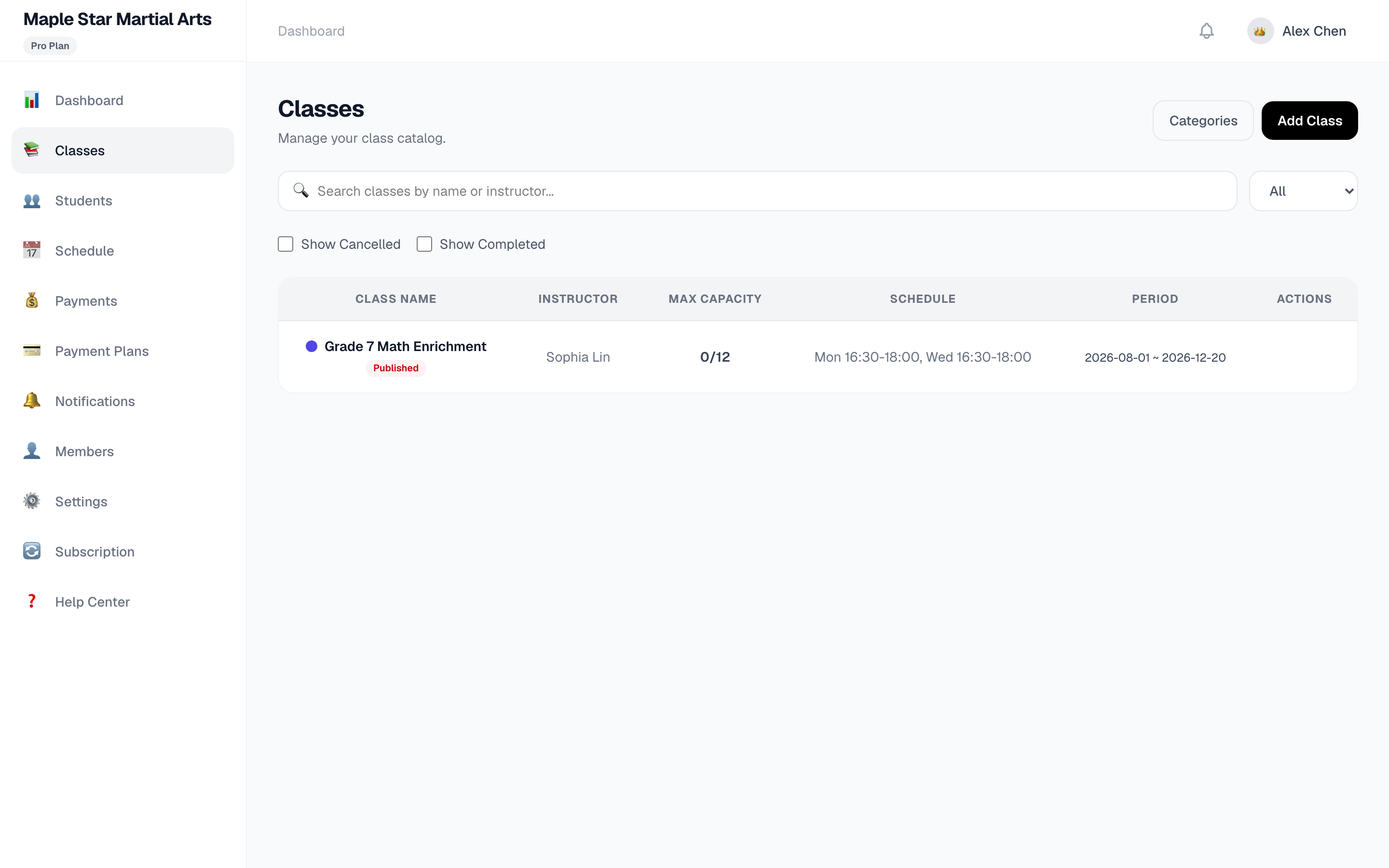 Class list page